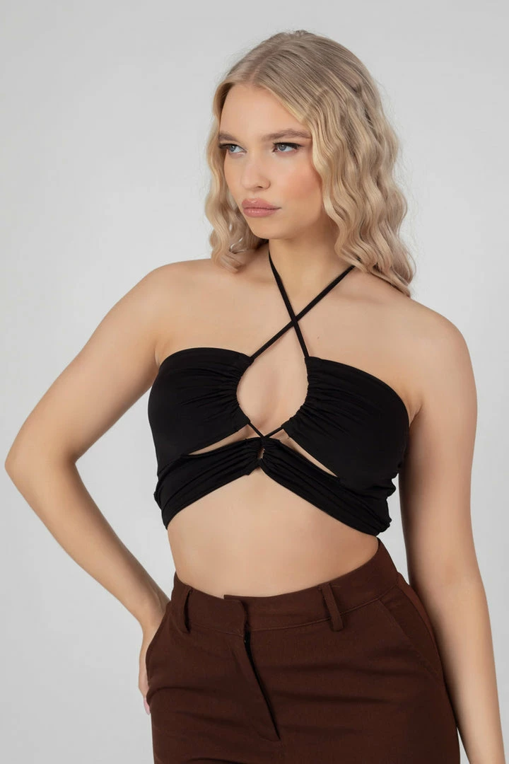 Kaiia SLINKY LOOP RUCHING CROP TOP BLACK CLOTHING 10 Kaiia SLINKY LOOP RUCHING CROP TOP BLACK CLOTHING
