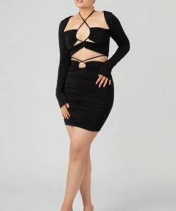 Kaiia LOOP RUCHING SLINKY LONG SLEEVED TOP BLACK