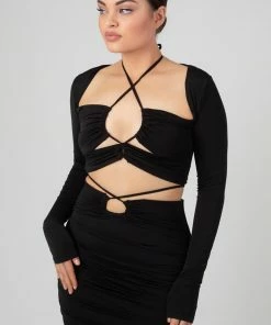 Kaiia LOOP RUCHING SLINKY LONG SLEEVED TOP BLACK