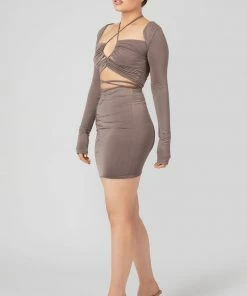 Kaiia CLOTHING LOOP RUCHING SLINKY LONG SLEEVED TOP MINK GREY