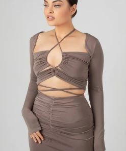 Kaiia CLOTHING LOOP RUCHING SLINKY LONG SLEEVED TOP MINK GREY