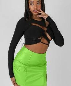 Kaiia RUCHED LONG SLEEVE CUTAWAY TOP BLACK