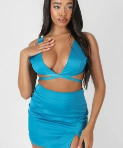 Kaiia SATIN STRAPPY TRIANGLE BRALET BLUE