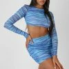 Kaiia CLOTHING SPACE DYE PRINT UNDERBUST MESH CROP TOP BLUE