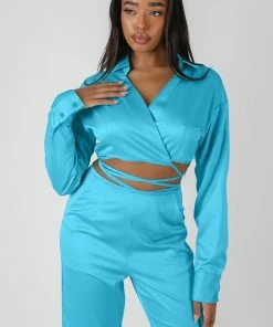 Kaiia WRAP CROPPED SHIRT BLUE CLOTHING