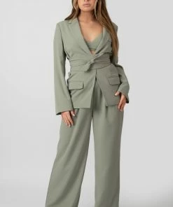 Kaiia PREMIUM TIE WAIST WIDE LEG TROUSERS SAGE CLOTHING