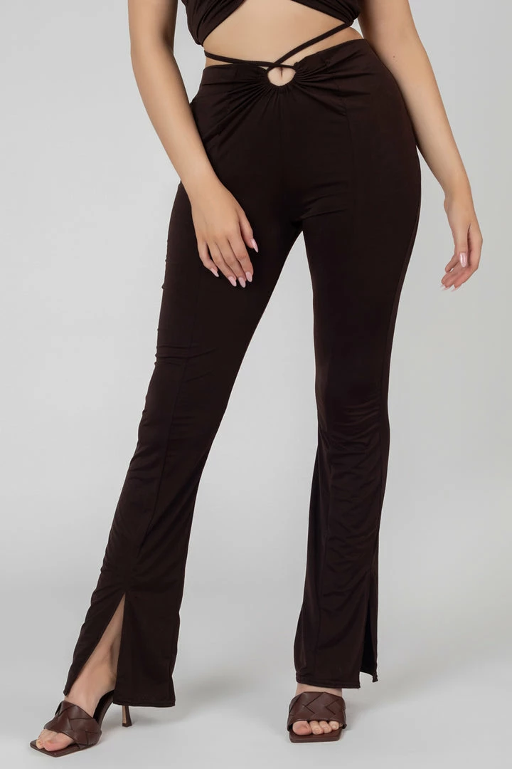 Kaiia LOOP RUCHED HIGH WAIST SPLIT TROUSERS CHOCOLATE 4 Kaiia LOOP RUCHED HIGH WAIST SPLIT TROUSERS CHOCOLATE