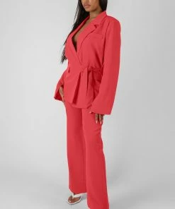 Kaiia CLOTHING HIGH WAISTED STRAIGHT LEG TROUSERS CORAL