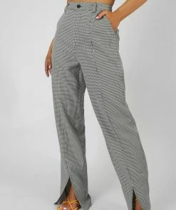 Kaiia CLOTHING HOUNDSTOOTH STRAIGHT LEG SPLIT HEM TROUSERS