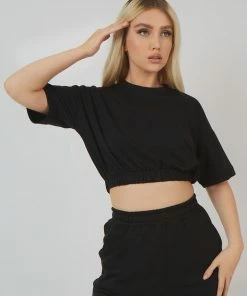 Kaiia ELASTICATED WAIST CROPPED T-SHIRT BLACK CLOTHING
