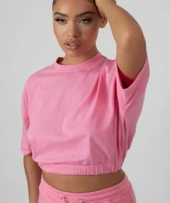 Kaiia CLOTHING ELASTICATED WAIST CROPPED T-SHIRT PINK