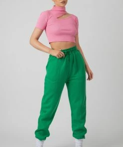Kaiia HIGH NECK RIBBED CUT OUT CROPPED T SHIRT PINK CLOTHING