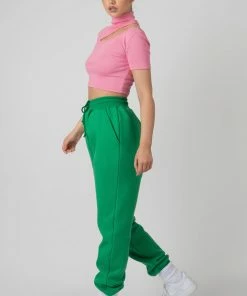 Kaiia HIGH NECK RIBBED CUT OUT CROPPED T SHIRT PINK CLOTHING