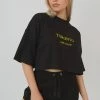 Kaiia CLOTHING EMBROIDERED SLOGAN CROPPED T-SHIRT BLACK