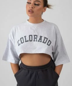 Kaiia CLOTHING SUPER CROPPED PRINTED T SHIRT GREY