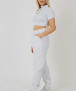 Kaiia HIGH NECK RIBBED CROPPED T SHIRT OATMEAL MARL