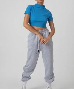 Kaiia CLOTHING HIGH NECK RIBBED CROPPED T SHIRT BLUE