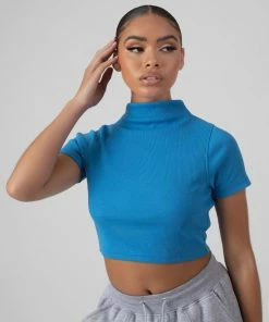 Kaiia CLOTHING HIGH NECK RIBBED CROPPED T SHIRT BLUE