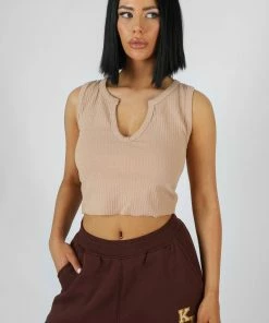 Kaiia V NECK SLEEVELESS RIBBED CROP TOP CAMEL CLOTHING