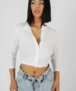 Kaiia BUTTON FRONT LONG SLEEVE CROP TOP WHITE CLOTHING