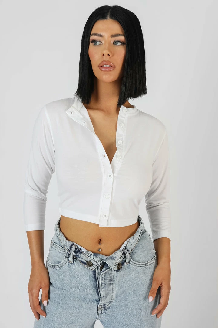 Kaiia BUTTON FRONT LONG SLEEVE CROP TOP WHITE CLOTHING 4 Kaiia BUTTON FRONT LONG SLEEVE CROP TOP WHITE CLOTHING