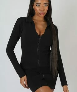 Kaiia CLOTHING ZIP THROUGH COLLARED MINI DRESS BLACK