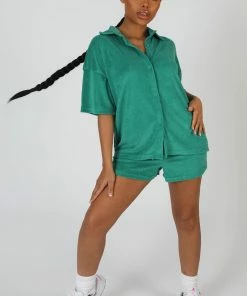 Kaiia CLOTHING OVERSIZED SHORT SLEEVE TOWELLING SHIRT GREEN