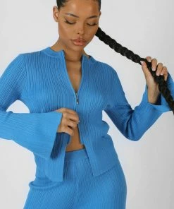 Kaiia KNITTED ZIP FRONT TOP BLUE