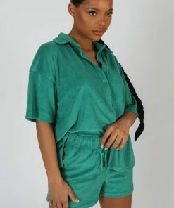 Kaiia CLOTHING OVERSIZED SHORT SLEEVE TOWELLING SHIRT GREEN