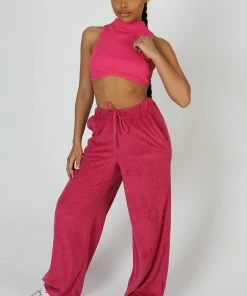 Kaiia CLOTHING HIGH NECK UNDERBUST RIBBED CROP TOP PINK