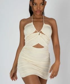 Kaiia DRESSES STRAPPY SLINKY RUCHED DRESS ECRU