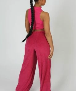 Kaiia CLOTHING HIGH NECK UNDERBUST RIBBED CROP TOP PINK