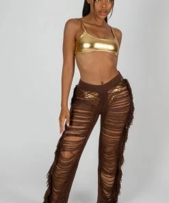 Kaiia High Waist Extreme Laddered Frayed Straight Leg Knitted Trousers Brown