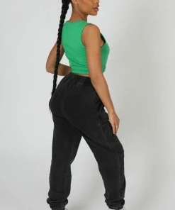 Kaiia CLOTHING ELASTICATED WAIST SWEAT SCOOP NECK CROP TOP GREEN