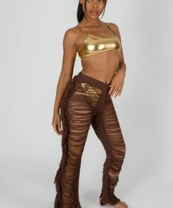 Kaiia High Waist Extreme Laddered Frayed Straight Leg Knitted Trousers Brown