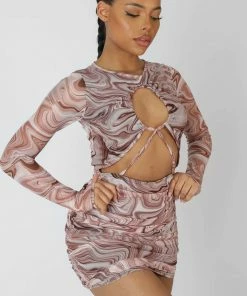 Kaiia PRINTED MESH CUT OUT RUCHED MINI DRESS BROWN