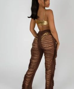 Kaiia High Waist Extreme Laddered Frayed Straight Leg Knitted Trousers Brown