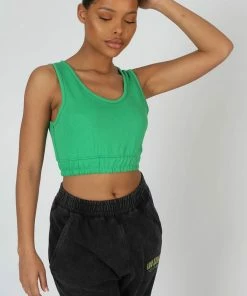 Kaiia CLOTHING ELASTICATED WAIST SWEAT SCOOP NECK CROP TOP GREEN