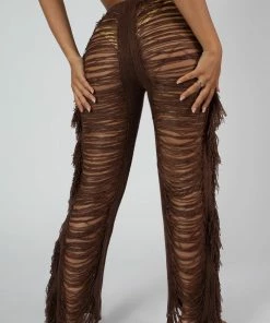 Kaiia High Waist Extreme Laddered Frayed Straight Leg Knitted Trousers Brown