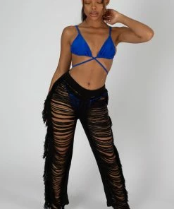 Kaiia High Waist Extreme Laddered Frayed Straight Leg Knitted Trousers Black