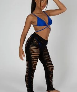 Kaiia High Waist Extreme Laddered Frayed Straight Leg Knitted Trousers Black