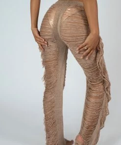 Kaiia High Waist Extreme Laddered Frayed Straight Leg Knitted Trousers Nude