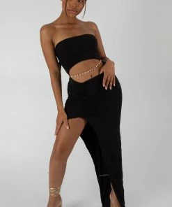 Kaiia SPLIT SIDE BANDEAU SLINKY MAXI DRESS BLACK DRESSES