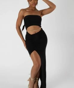 Kaiia SPLIT SIDE BANDEAU SLINKY MAXI DRESS BLACK DRESSES