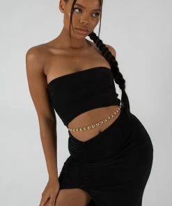 Kaiia SPLIT SIDE BANDEAU SLINKY MAXI DRESS BLACK DRESSES