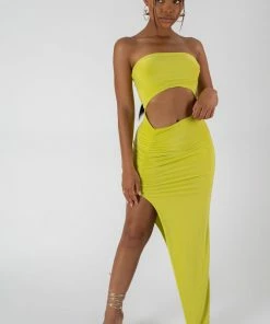 Kaiia SPLIT SIDE BANDEAU SLINKY MAXI DRESS LIME DRESSES