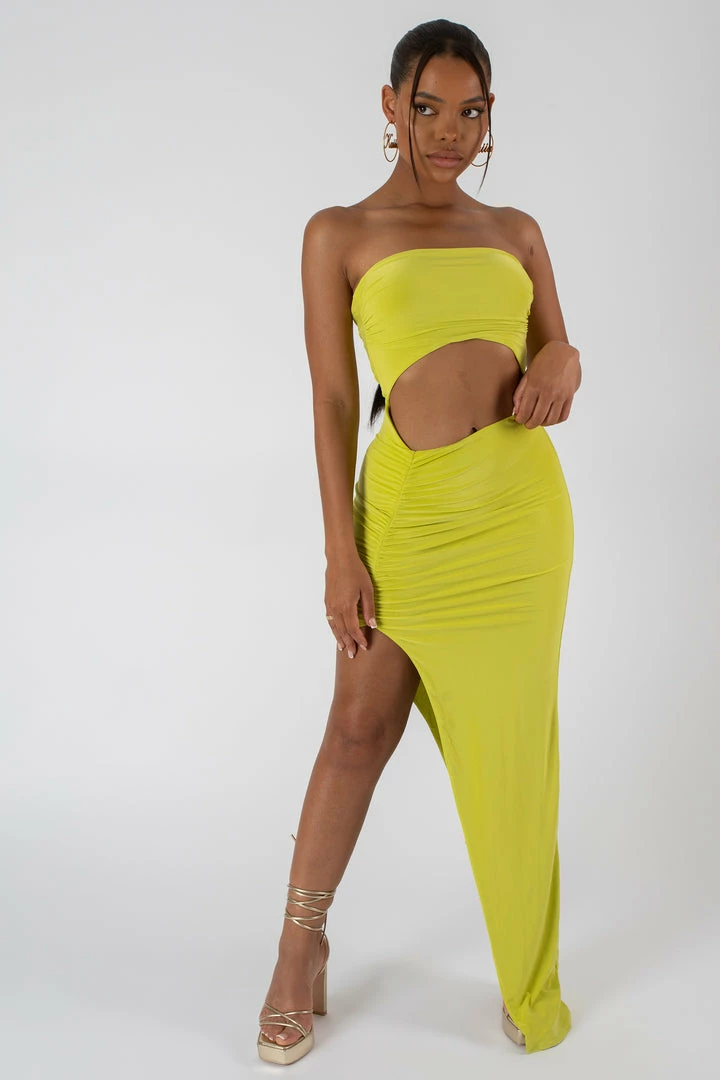 Kaiia SPLIT SIDE BANDEAU SLINKY MAXI DRESS LIME DRESSES 4 Kaiia SPLIT SIDE BANDEAU SLINKY MAXI DRESS LIME DRESSES