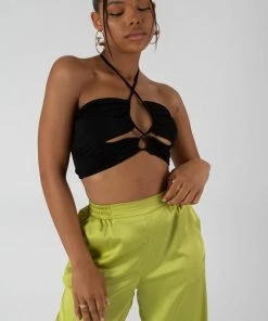 Kaiia SLINKY LOOP RUCHING CROP TOP BLACK CLOTHING