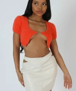KAIIA TRIM FLUFFY KNIT TOP ORANGE