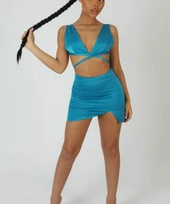 Kaiia SPLIT FRONT SATIN SKIRT BLUE